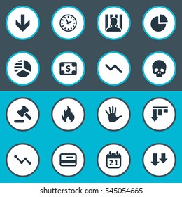 Set Of 16 Simple Crisis Icons. Can Be Found Such Elements As Tribunal, Circular Diagram, Round Graph And Other.