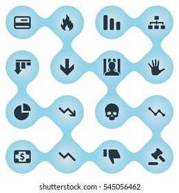 Set Of 16 Simple Crisis Icons. Can Be Found Such Elements As Line Chart, Info Graph, Penitentiary And Other.