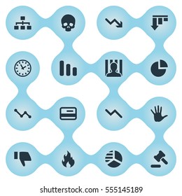 Set Of 16 Simple Crisis Icons. Can Be Found Such Elements As Head Bone, Line Chart, Finger Below And Other.