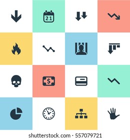 Set Of 16 Simple Crisis Icons. Can Be Found Such Elements As Fire, Down Cursor, Palm And Other.