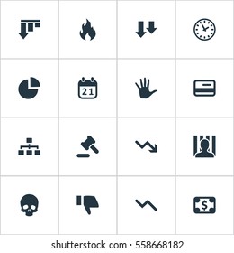 Set Of 16 Simple Crisis Icons. Can Be Found Such Elements As Tribunal, Palm, Penitentiary And Other.