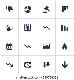 Set Of 16 Simple Crisis Icons. Can Be Found Such Elements As Descending, Tribunal, Downward And Other.