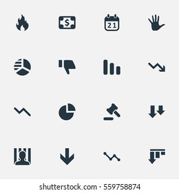 Set Of 16 Simple Crisis Icons. Can Be Found Such Elements As Round Graph, Agenda, Circular Diagram And Other.