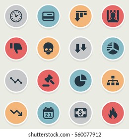 Set Of 16 Simple Crisis Icons. Can Be Found Such Elements As Bankroll, Clock, Finger Below And Other.