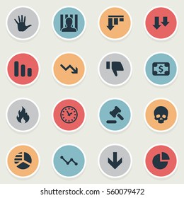 Set Of 16 Simple Crisis Icons. Can Be Found Such Elements As Descending, Down Cursor, Bankroll And Other.