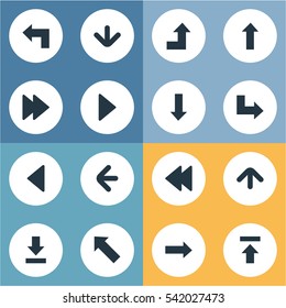 Set Of 16 Simple Cursor Icons. Can Be Found Such Elements As Upward Direction, Right Direction, Left Direction And Other.