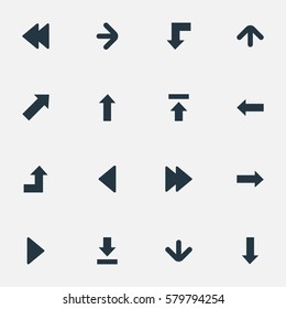 Set Of 16 Simple Cursor Icons. Can Be Found Such Elements As Right Direction , Right Landmark, Increasing.