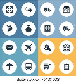 Set Of 16 Simple Delivery Icons. Can Be Found Such Elements As Mall, Van, Holdall And Other.