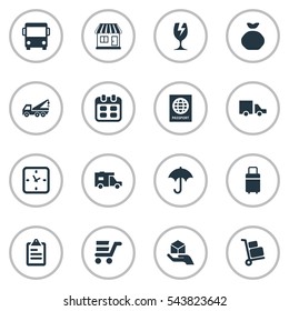 Set Of 16 Simple Delivery Icons. Can Be Found Such Elements As Clipboard, Mall, Minutes And Other.