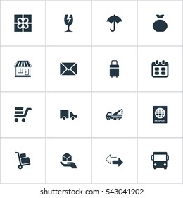 Set Of 16 Simple Distribution Icons. Can Be Found Such Elements As Pushcart, Gingham, Envelope And Other.