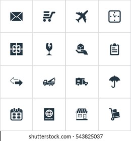 Set Of 16 Simple Distribution Icons. Can Be Found Such Elements As Luggage Bearer, Eviction Vehicle, Caravan And Other.