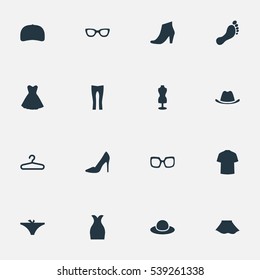 Set Of 16 Simple Dress Icons. Can Be Found Such Elements As Glasses, Footwear, Rack And Other.