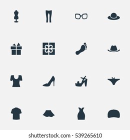 Set Of 16 Simple Dress Icons. Can Be Found Such Elements As Footwear, Barefoot, Pants And Other.
