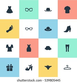 Set Of 16 Simple Dress Icons. Can Be Found Such Elements As Pants, Footwear, T-Shirt And Other.
