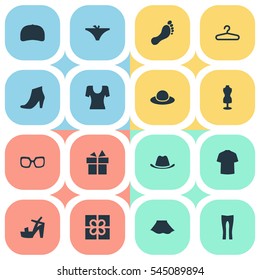 Set Of 16 Simple Dress Icons. Can Be Found Such Elements As Footwear, Panties, Eyeglasses And Other.