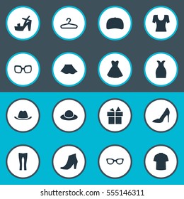 Set Of 16 Simple Dress Icons. Can Be Found Such Elements As Attire, Head Accessory, Man Clothing And Other.