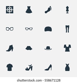 Set Of 16 Simple Dress Icons. Can Be Found Such Elements As Barefoot, Mannequin, T-Shirt And Other.