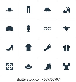 Set Of 16 Simple Dress Icons. Can Be Found Such Elements As Head Accessory, Eyeglasses, Present And Other.