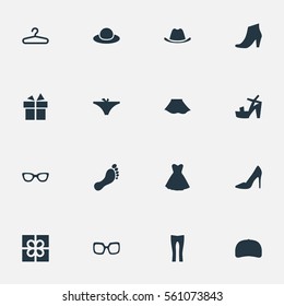 Set Of 16 Simple Dress Icons. Can Be Found Such Elements As Elegant Headgear, Footwear, Female Cloth And Other.