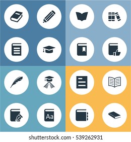 Set Of 16 Simple Education Icons. Can Be Found Such Elements As Notebook, Book Page, Plume And Other.