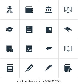 Set Of 16 Simple Education Icons. Can Be Found Such Elements As Important Reading, Notebook, Library And Other.