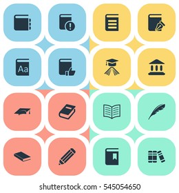 Set Of 16 Simple Education Icons. Can Be Found Such Elements As Important Reading, Recommended Reading, Plume And Other.