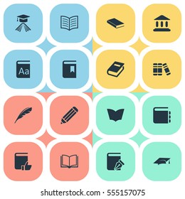 Set Of 16 Simple Education Icons. Can Be Found Such Elements As Book Cover, Reading, Notebook And Other.