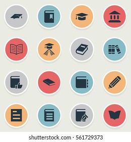 Set Of 16 Simple Education Icons. Can Be Found Such Elements As Book Page, Library, Academic Cap And Other.