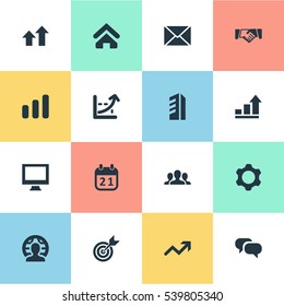 Set Of 16 Simple Entrepreneurship Icons. Can Be Found Such Elements As Success, Global Business, Gear And Other.