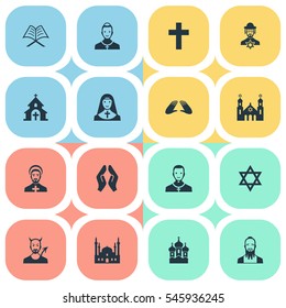 Set Of 16 Simple Faith Icons. Can Be Found Such Elements As Clergyman, Orison, Orison And Other.