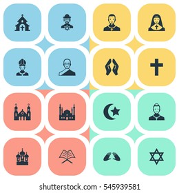 Set Of 16 Simple Faith Icons. Can Be Found Such Elements As Temple, Crucifix, Pater And Other.