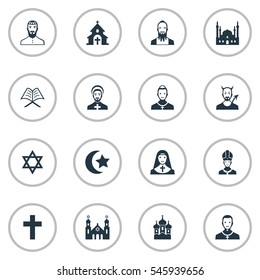 Set Of 16 Simple Faith Icons. Can Be Found Such Elements As Catholic, Chapel, Crucifix And Other.