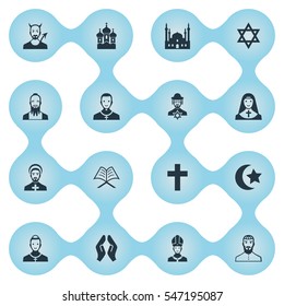 Set Of 16 Simple Faith Icons. Can Be Found Such Elements As Devil, Cleric, Chaplain And Other.