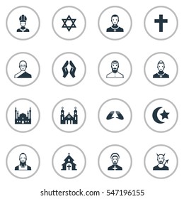 Set Of 16 Simple Faith Icons. Can Be Found Such Elements As Chapel, Orison, Christian And Other.