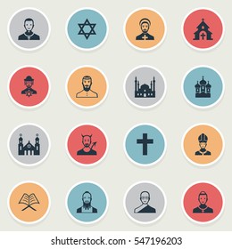 Set Of 16 Simple Faith Icons. Can Be Found Such Elements As Catholic, Pater, Clergyman And Other.