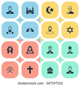 Set Of 16 Simple Faith Icons. Can Be Found Such Elements As Pontiff, Chaplain, Cleric And Other.