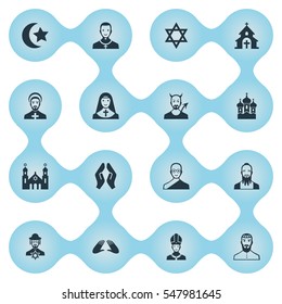 Set Of 16 Simple Faith Icons. Can Be Found Such Elements As Priestess, Orison, Catholic And Other.