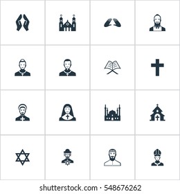 Set Of 16 Simple Faith Icons. Can Be Found Such Elements As Temple, David Star, Orison And Other.