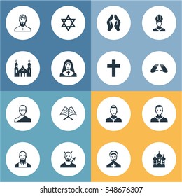 Set Of 16 Simple Faith Icons. Can Be Found Such Elements As Devil, Clergyman, Orison And Other.