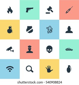 Set Of 16 Simple Fault Icons. Can Be Found Such Elements As Hammer, Inspector, Sheriff And Other.
