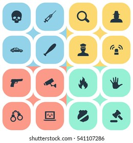 Set Of 16 Simple Fault Icons. Can Be Found Such Elements As Lock, Officer Badge, Sheriff And Other.
