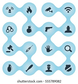 Set Of 16 Simple Fault Icons. Can Be Found Such Elements As Lock, Sheriff, Pistol And Other.