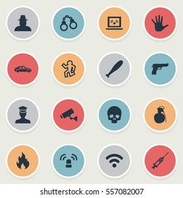 Set Of 16 Simple Fault Icons. Can Be Found Such Elements As Automobile, Explosive, Volunteer And Other.