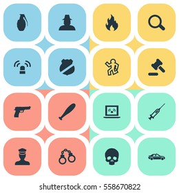 Set Of 16 Simple Fault Icons. Can Be Found Such Elements As Officer Badge, Hammer, Pistol And Other.