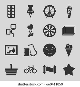 Set of 16 simple filled icons such as ferris wheel, photos, upset emot, ice cream, pill, heart flower, remote control, pin, camera flash, bicycle
