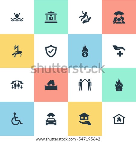 Set Of 16 Simple Fuse Icons. Can Be Found Such Elements As Slide Down, Electric Shock  Jeopardy, Medical Attendance And Other.