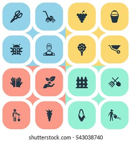 Set Of 16 Simple Garden Icons. Can Be Found Such Elements As Horticulture Equipment, Pail, Root And Other.