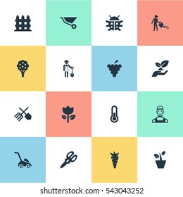 Set Of 16 Simple Garden Icons. Can Be Found Such Elements As Temperature, Worker, Flowerpot And Other.