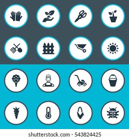 Set Of 16 Simple Garden Icons. Can Be Found Such Elements As Worker, Temperature, Maize And Other.