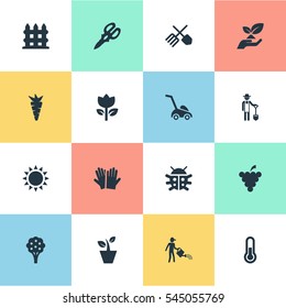 Set Of 16 Simple Garden Icons. Can Be Found Such Elements As Blossom, Shear, Plougher And Other.